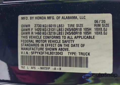 2020 Honda Ridgeline Rtl-E from USA, damaged, VIN 5FPYK3F74LB013043